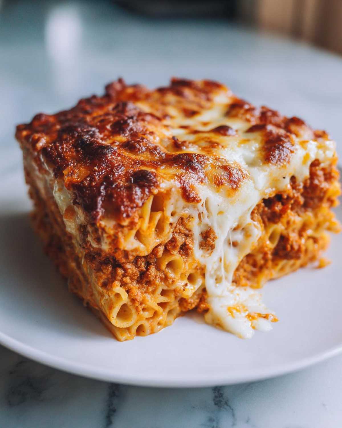 A square serving of Cheesy Ground Beef Pasta Bake on a white plate with gooey, melted cheese stretching out.