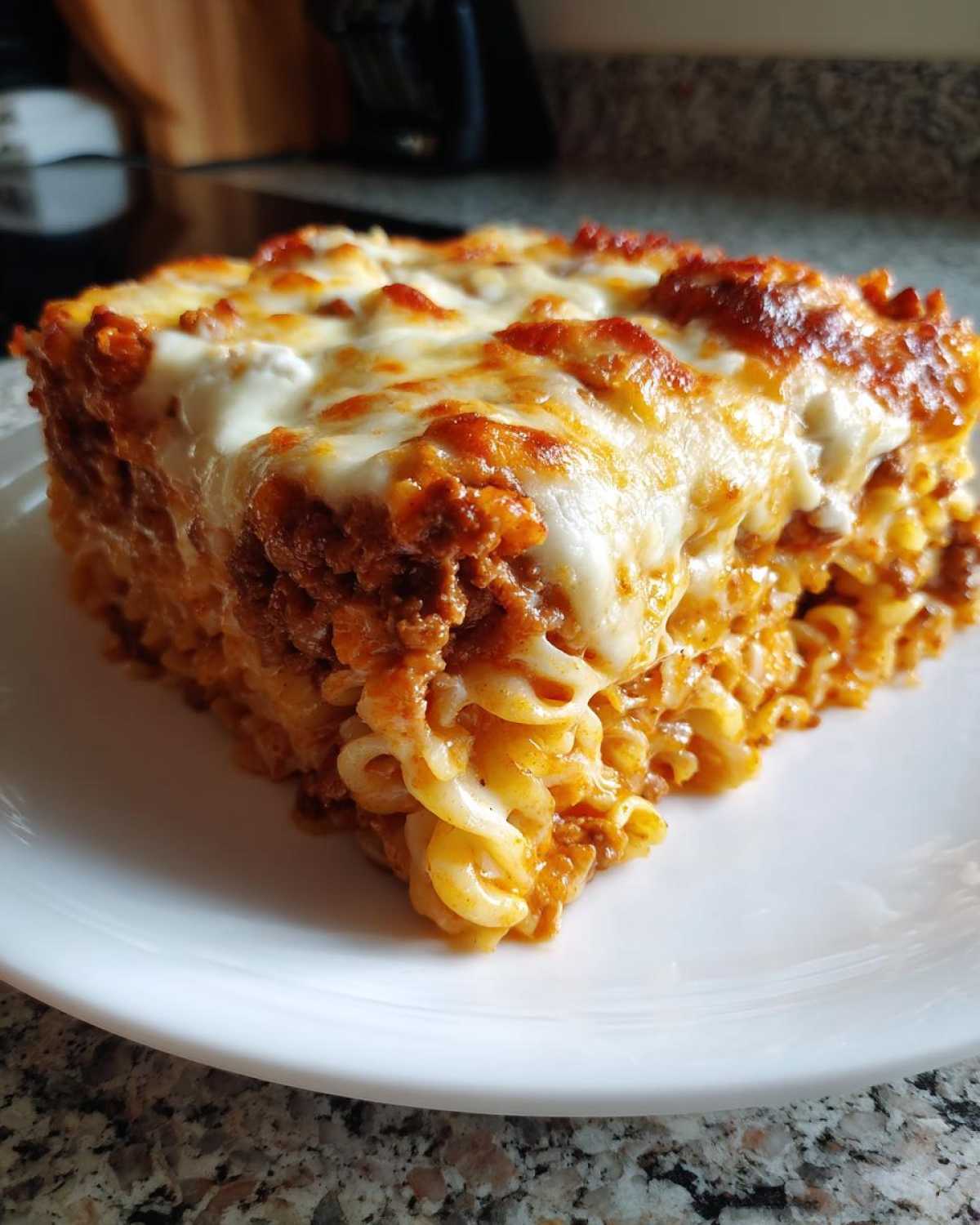 A square serving of Cheesy Ground Beef Pasta Bake topped with melted, browned mozzarella cheese on a white plate.