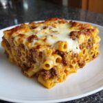 A hearty square portion of Cheesy Ground Beef Pasta Bake with melted mozzarella topping.