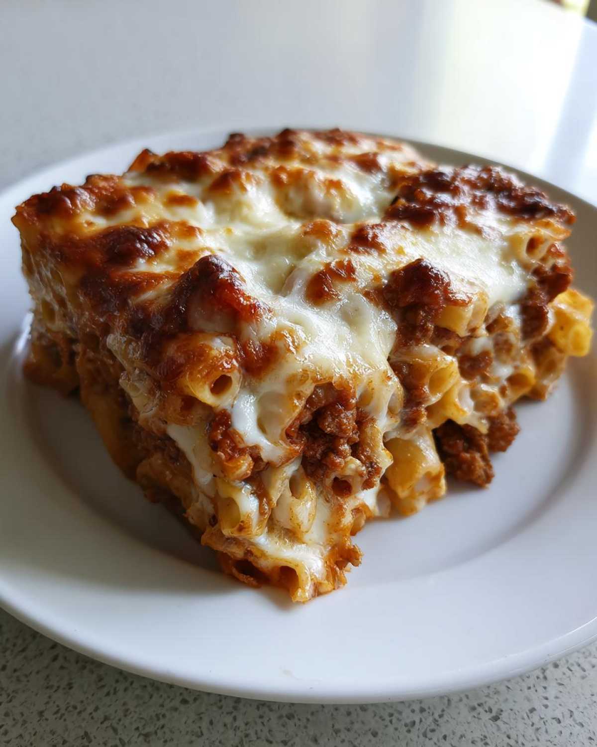 A generous serving of Cheesy Ground Beef Pasta Bake Comfort Food with melted, browned cheese on top.