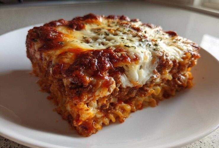 A square serving of Cheesy Ground Beef Pasta Bake, featuring layers of pasta, meat sauce, and melted, browned cheese on top.