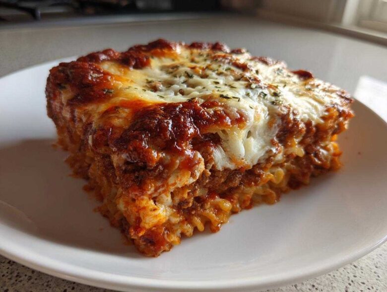 A square serving of Cheesy Ground Beef Pasta Bake, featuring layers of pasta, meat sauce, and melted, browned cheese on top.