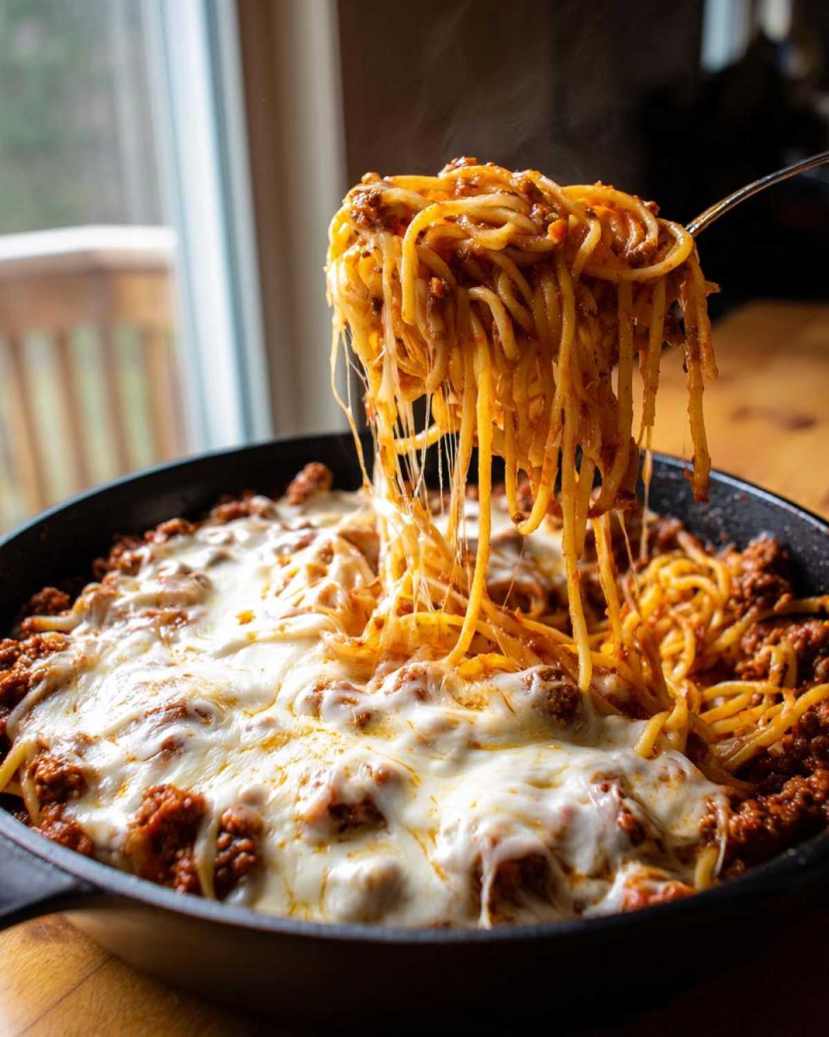 A fork lifts steaming spaghetti from a skillet, showing long cheese pulls over the Cheesy Ground Beef Pasta Skillet.