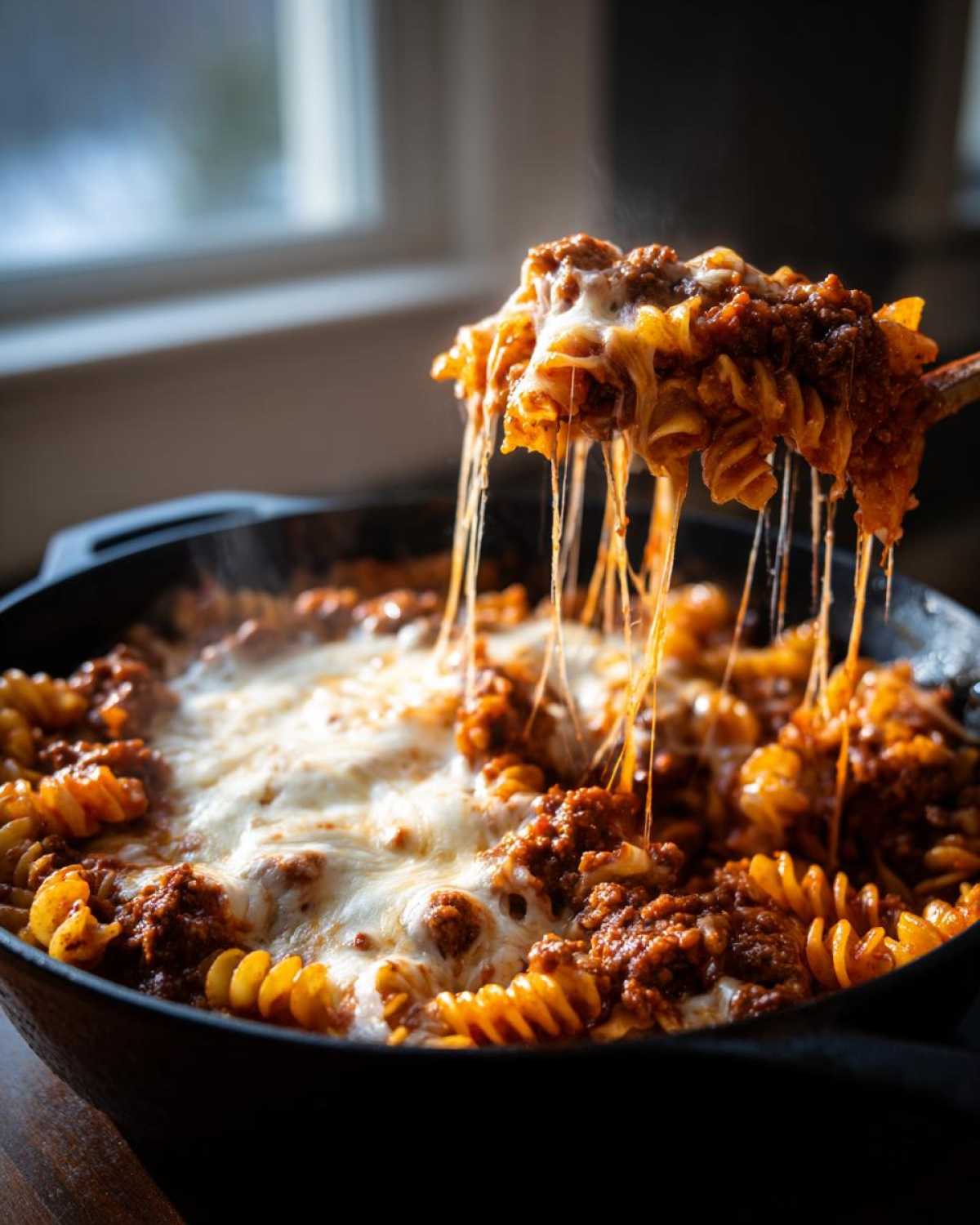 A spoonful of Cheesy Ground Beef Pasta Skillet is lifted, showing dramatic, long mozzarella cheese pulls over the skillet.