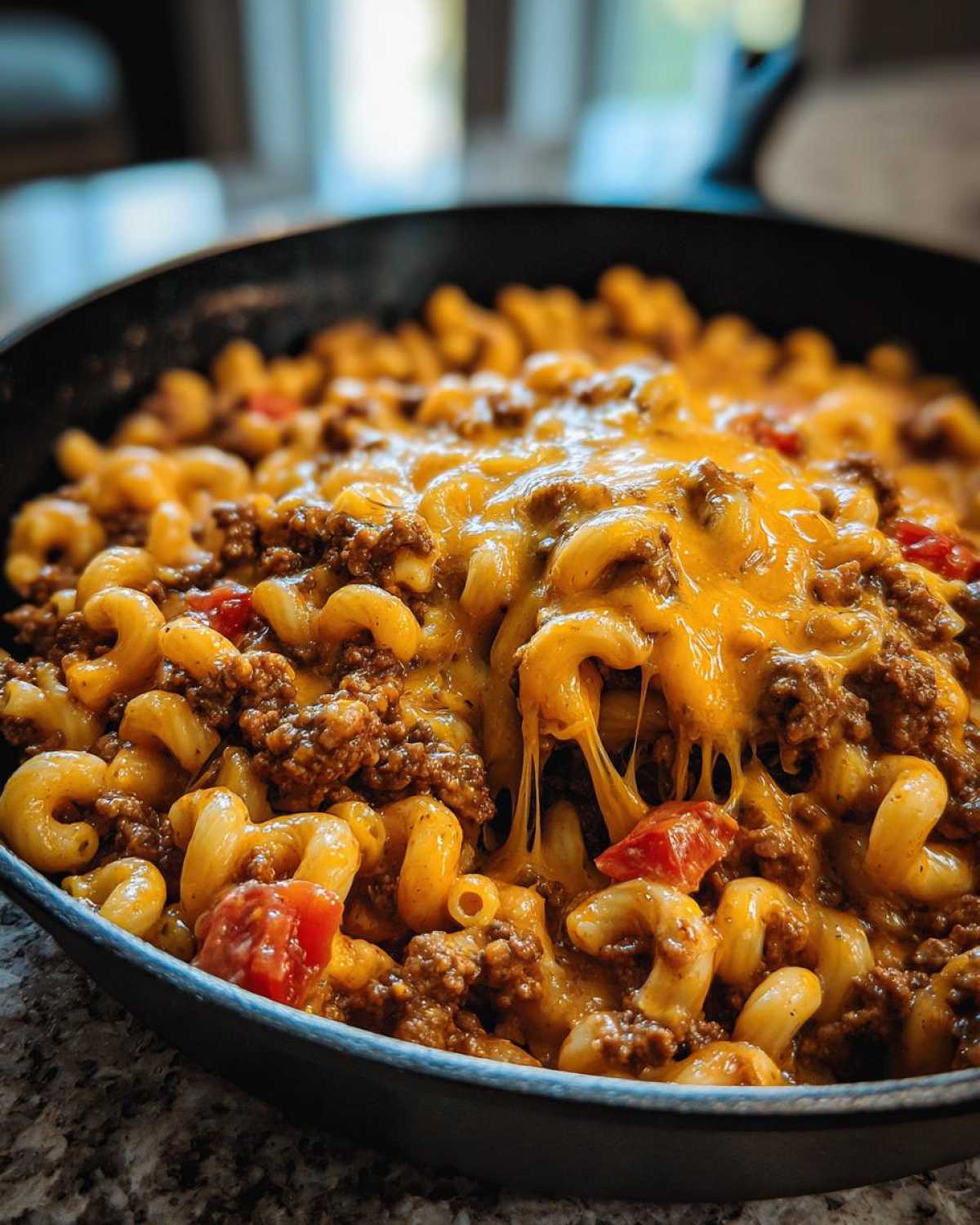 Close-up of Cheesy Ground Beef Pasta Skillet with melted cheddar cheese stretching over elbow macaroni and ground beef.