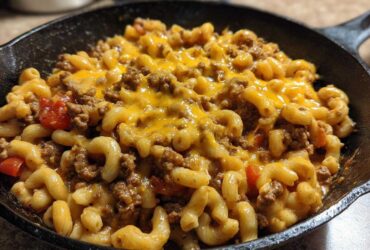 Close-up of Cheesy Ground Beef Pasta Skillet Comfort Food topped with melted cheddar cheese in a cast iron pan.