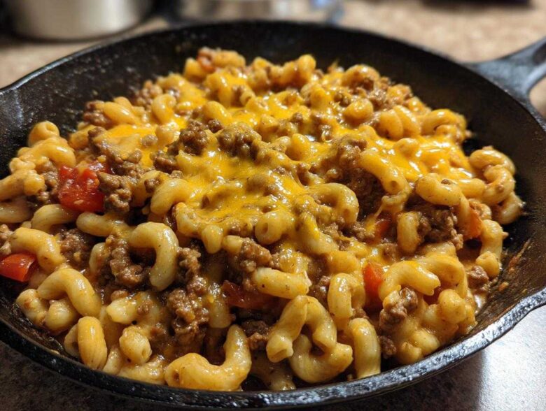 Close-up of Cheesy Ground Beef Pasta Skillet Comfort Food topped with melted cheddar cheese in a cast iron pan.