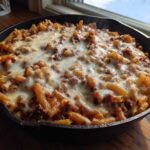 A close-up of a Cheesy Ground Beef Pasta Skillet topped generously with melted mozzarella cheese, served in a cast iron pan.