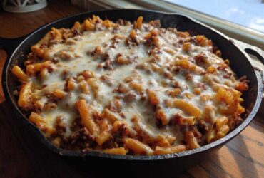 A close-up of a Cheesy Ground Beef Pasta Skillet topped generously with melted mozzarella cheese, served in a cast iron pan.