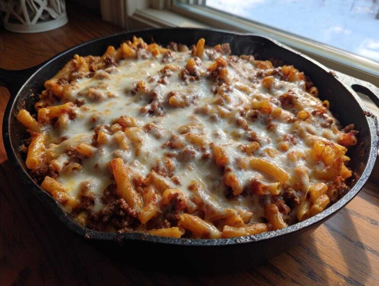 A close-up of a Cheesy Ground Beef Pasta Skillet topped generously with melted mozzarella cheese, served in a cast iron pan.