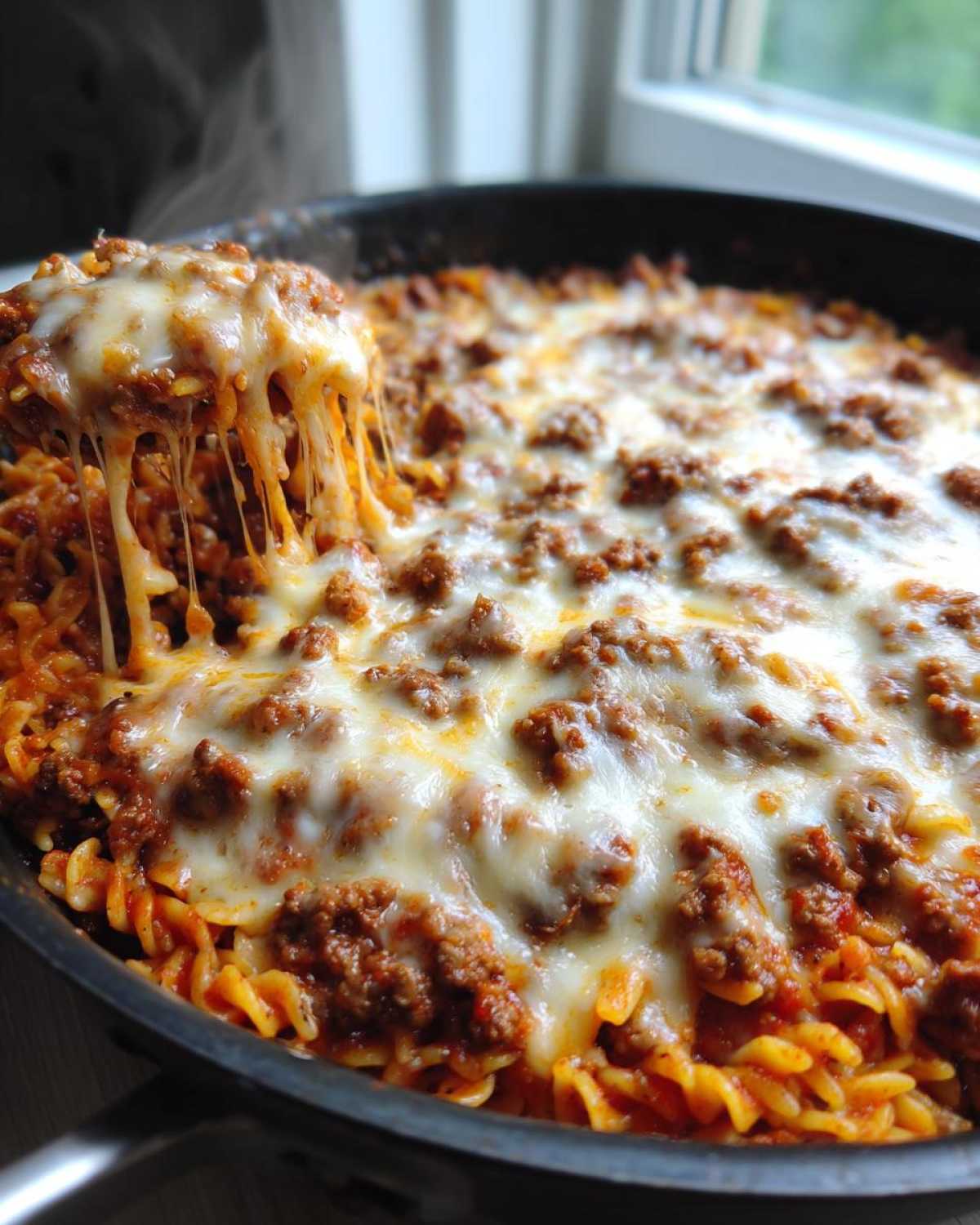 A spoonful of steaming Cheesy Ground Beef Pasta Skillet showing a dramatic cheese pull from the melted mozzarella topping.