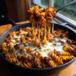 A spoonful lifts cheesy ground beef pasta skillet, showing a dramatic mozzarella cheese pull.