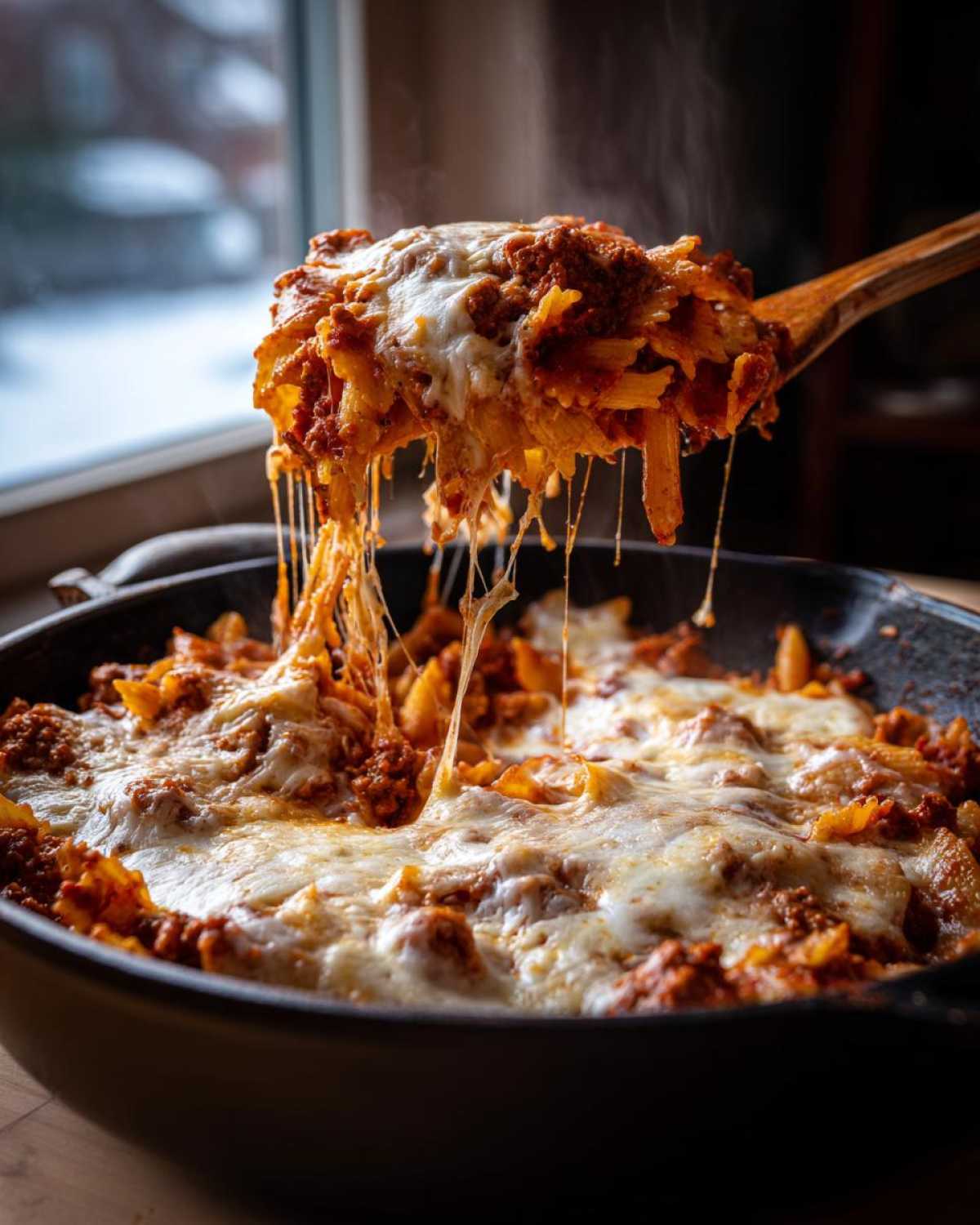 A wooden spoon lifts a steaming portion of Cheesy Ground Beef Pasta Skillet, showing long, melted mozzarella cheese strings.