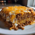 Close-up of a hearty slice of Cheesy Ground Beef Queso Bake, showing layers of seasoned meat and melted orange and white cheese.