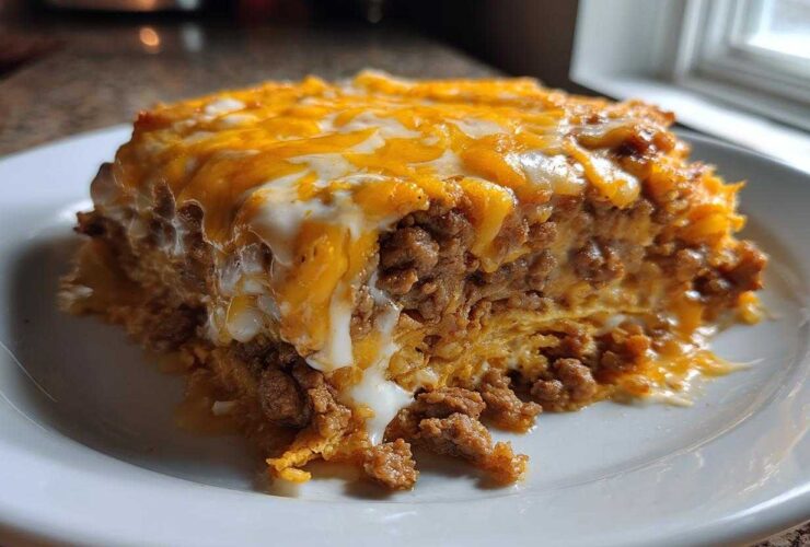 Close-up of a hearty slice of Cheesy Ground Beef Queso Bake, showing layers of seasoned meat and melted orange and white cheese.