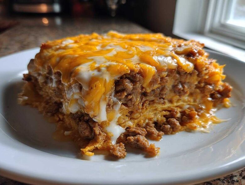 Close-up of a hearty slice of Cheesy Ground Beef Queso Bake, showing layers of seasoned meat and melted orange and white cheese.