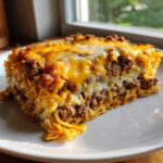 A hearty slice of Cheesy Ground Beef Queso Bake Comfort Dish topped with melted cheddar cheese.