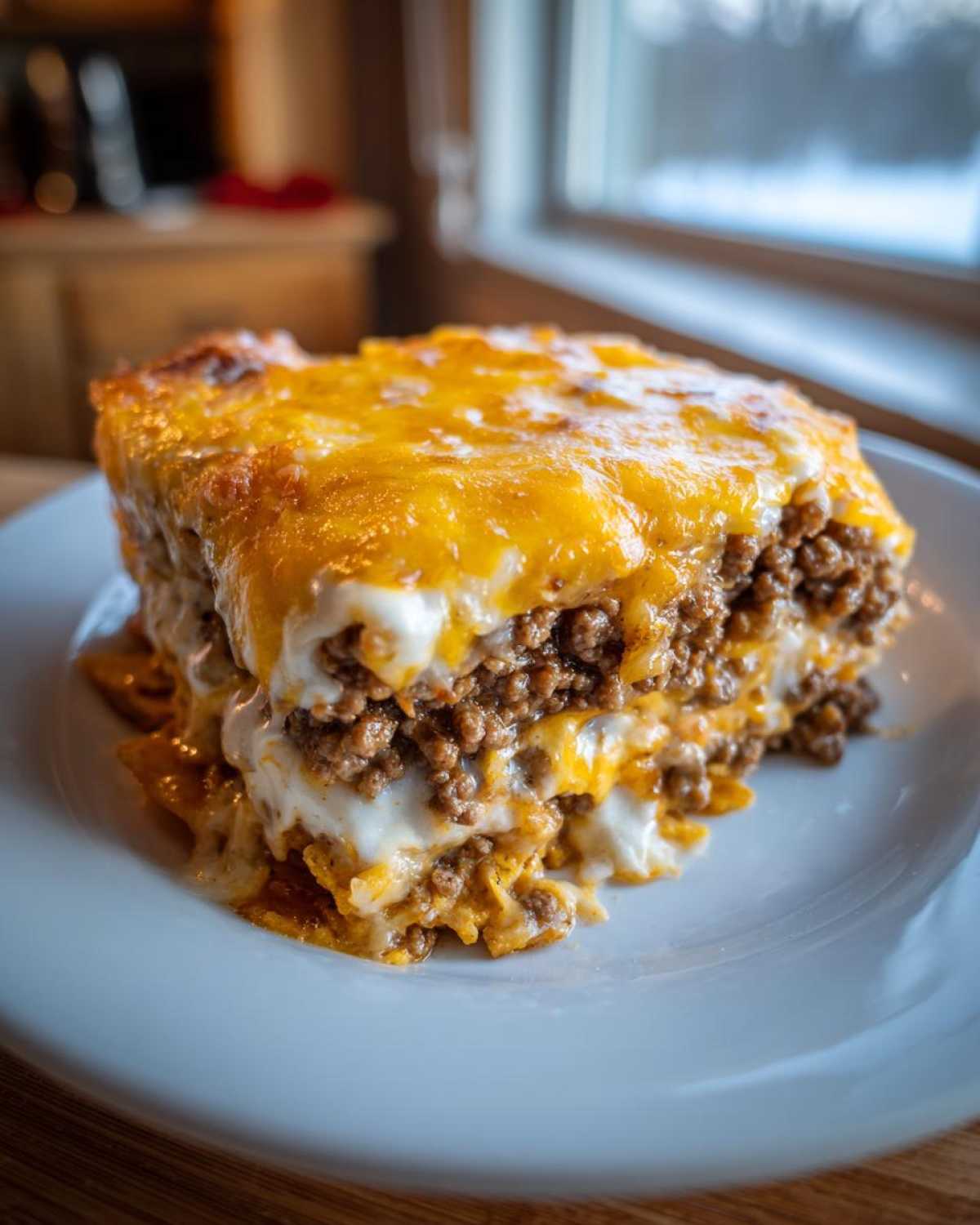 A thick, layered slice of Cheesy Ground Beef Queso Bake Comfort Dish topped with melted cheddar cheese.