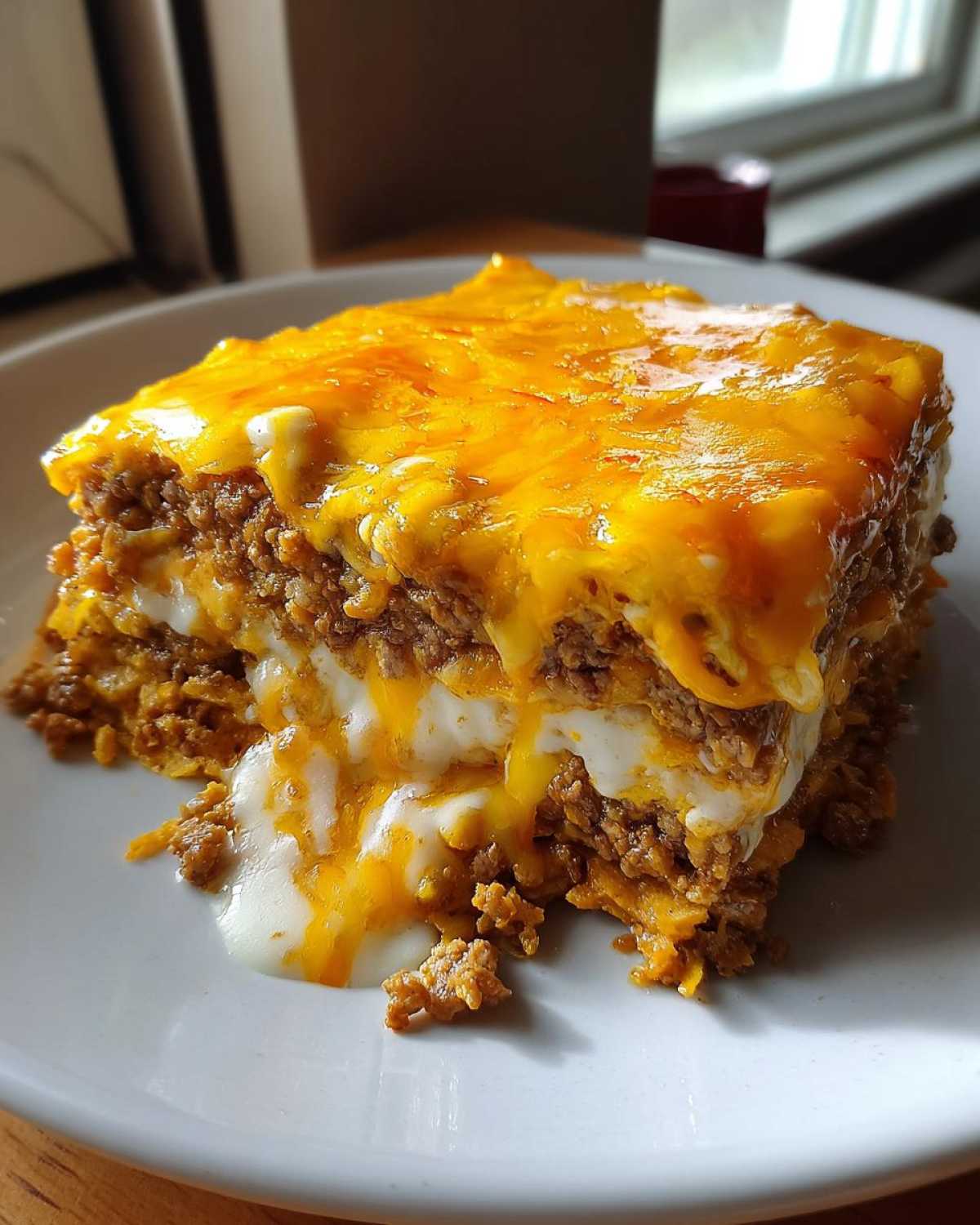 A square serving of Cheesy Ground Beef Queso Bake Comfort Dish with melted orange and white cheese oozing out.
