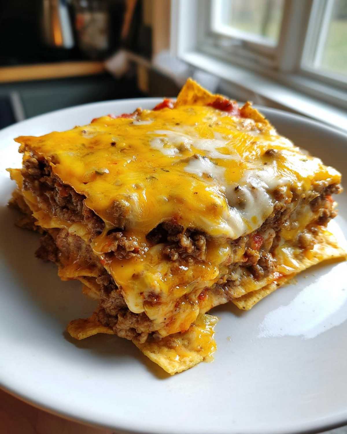 A generous square serving of Cheesy Ground Beef Queso Bake Comfort Dish layered with ground beef and melted cheddar cheese on a white plate.