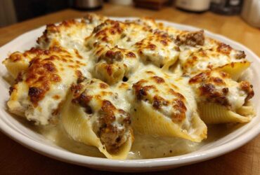 Close-up of baked Cheesy Ground Beef Stuffed Shells with Cream Sauce, featuring golden-brown melted cheese.