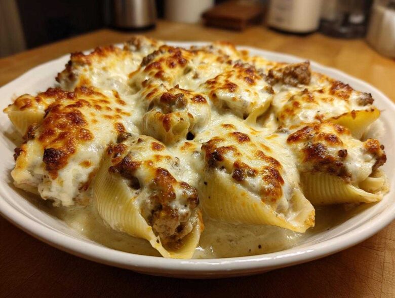 Close-up of baked Cheesy Ground Beef Stuffed Shells with Cream Sauce, featuring golden-brown melted cheese.