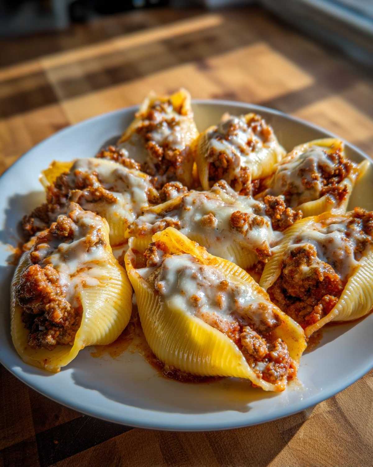 Close-up of Cheesy Ground Beef Stuffed Shells topped with melted white cheese on a white plate.