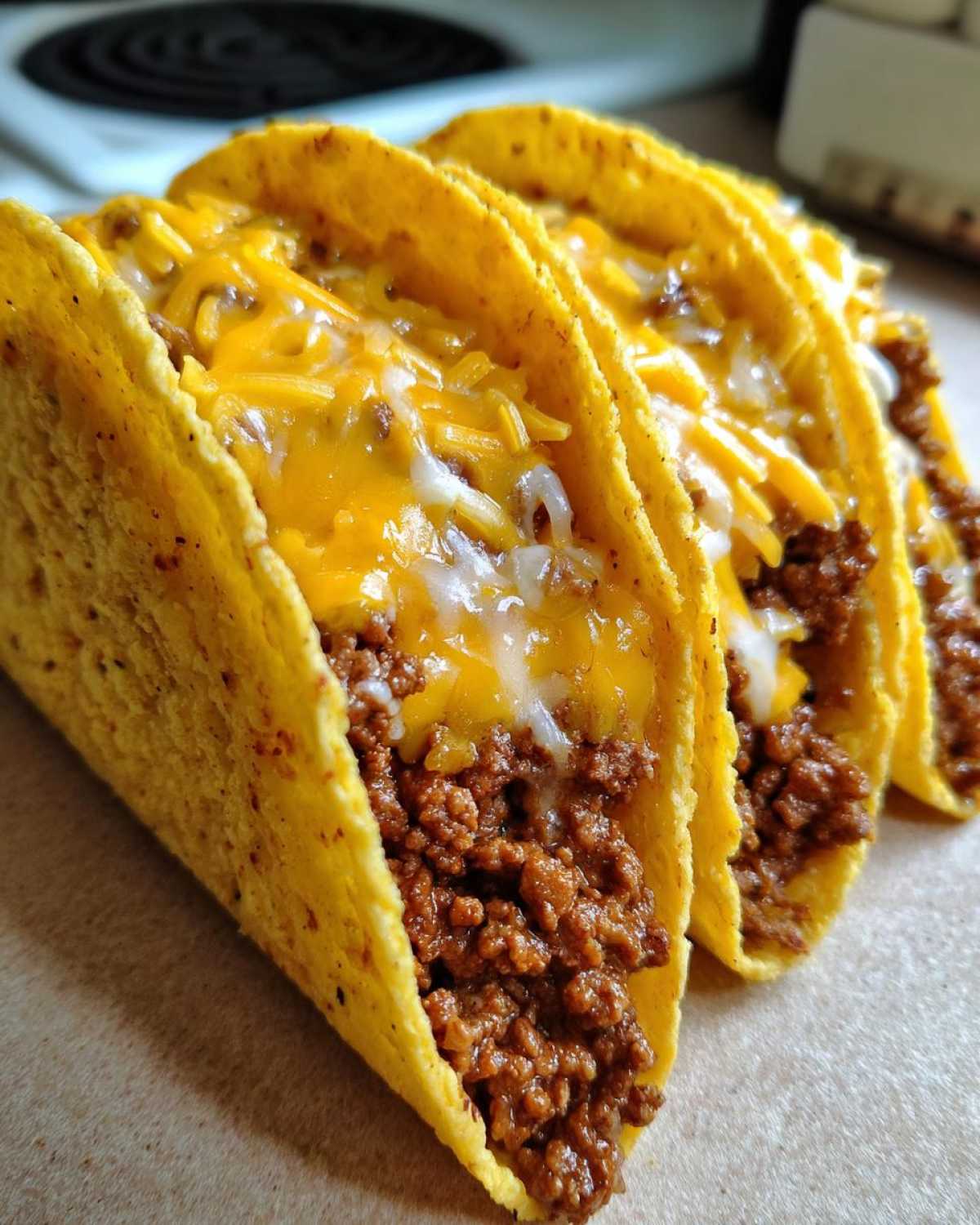 Close-up of three crispy shell Cheesy Ground Beef Tacos generously filled with seasoned meat and melted cheddar cheese.