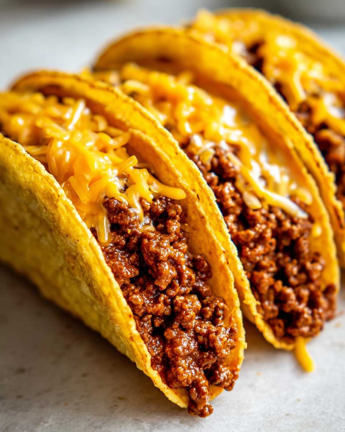 Close-up of three hard shell Cheesy Ground Beef Tacos filled with seasoned meat and topped with shredded cheddar cheese.