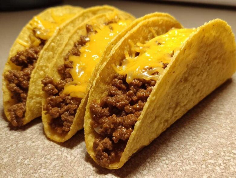 Three hard-shell Cheesy Ground Beef Tacos lined up, filled with seasoned meat and topped with melted cheddar cheese.