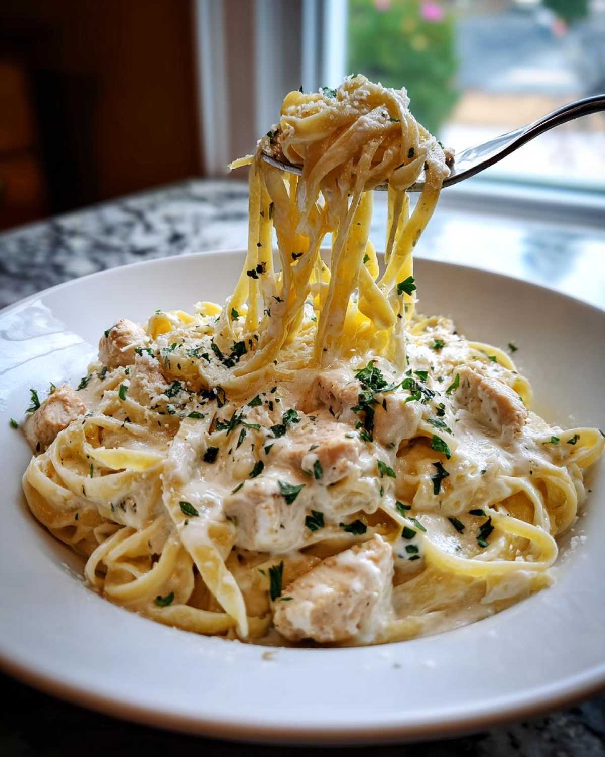 A fork lifts fettuccine noodles coated in rich sauce from a bowl of Creamy Alfredo Chicken Pasta, garnished with parsley.