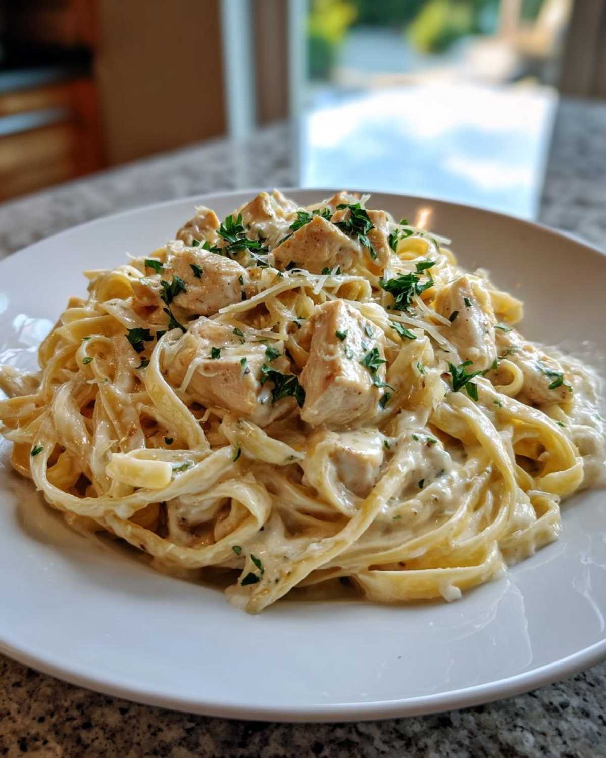 A close-up of a white plate piled high with Creamy Alfredo Chicken Pasta Easy Recipe, topped with parsley.