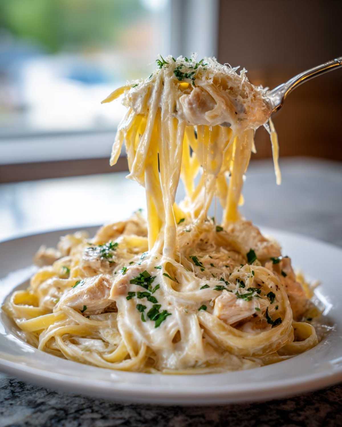A fork lifts fettuccine noodles coated in rich sauce and chicken from a plate of Creamy Alfredo Chicken Pasta Easy Recipe.
