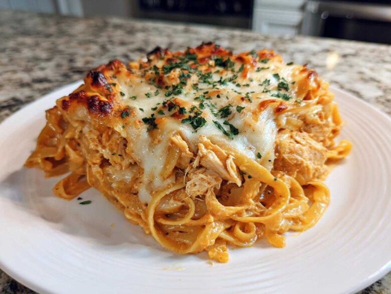 A close-up shot of a serving of Creamy Cajun Chicken Alfredo Bake, featuring fettuccine pasta, shredded chicken, and a bubbly, browned cheese topping.