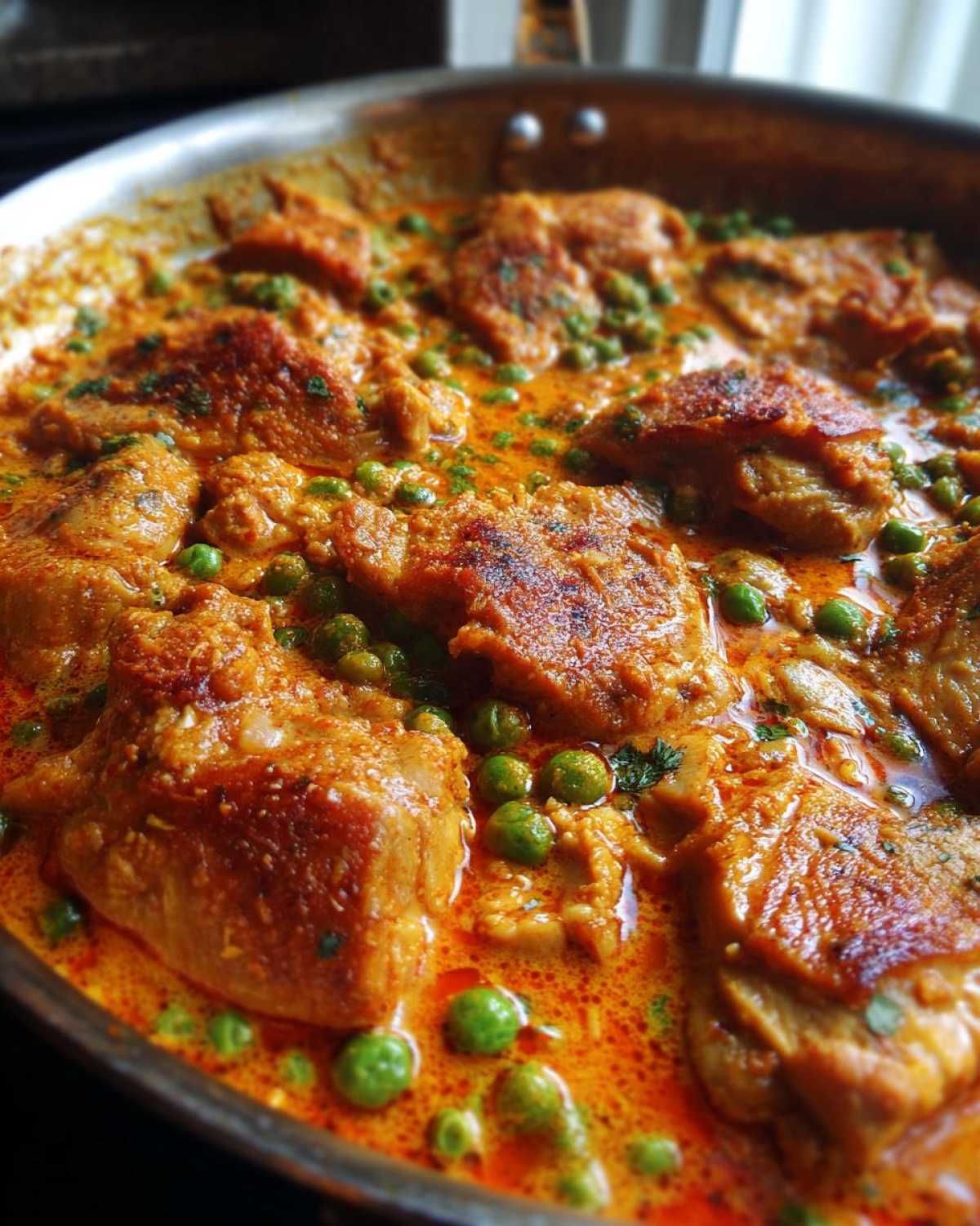 Close-up of seared chicken pieces simmering in a rich, orange-hued creamy sauce with bright green peas, part of the Creamy Cajun Chicken Skillet with Rice.