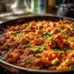 Close-up of a skillet filled with Creamy Cajun Chicken Skillet with Rice, featuring chunks of chicken, rice, and bright green peas.