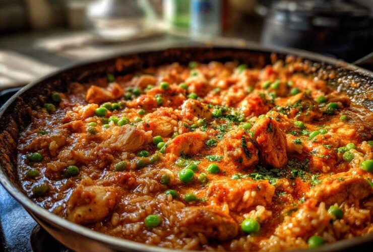 Close-up of a skillet filled with Creamy Cajun Chicken Skillet with Rice, featuring chunks of chicken, rice, and bright green peas.