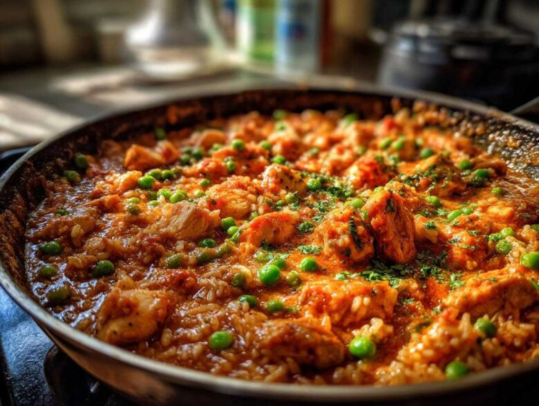Close-up of a skillet filled with Creamy Cajun Chicken Skillet with Rice, featuring chunks of chicken, rice, and bright green peas.