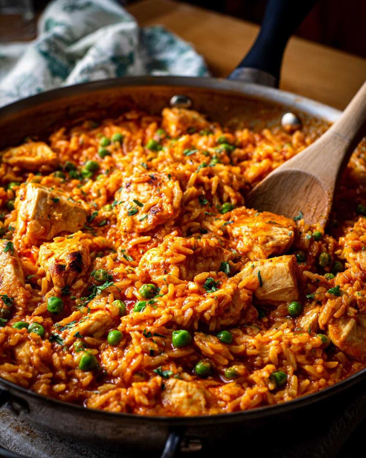 Close-up of Creamy Cajun Chicken Skillet with Rice, featuring seasoned chicken pieces and green peas in a rich sauce in a skillet.