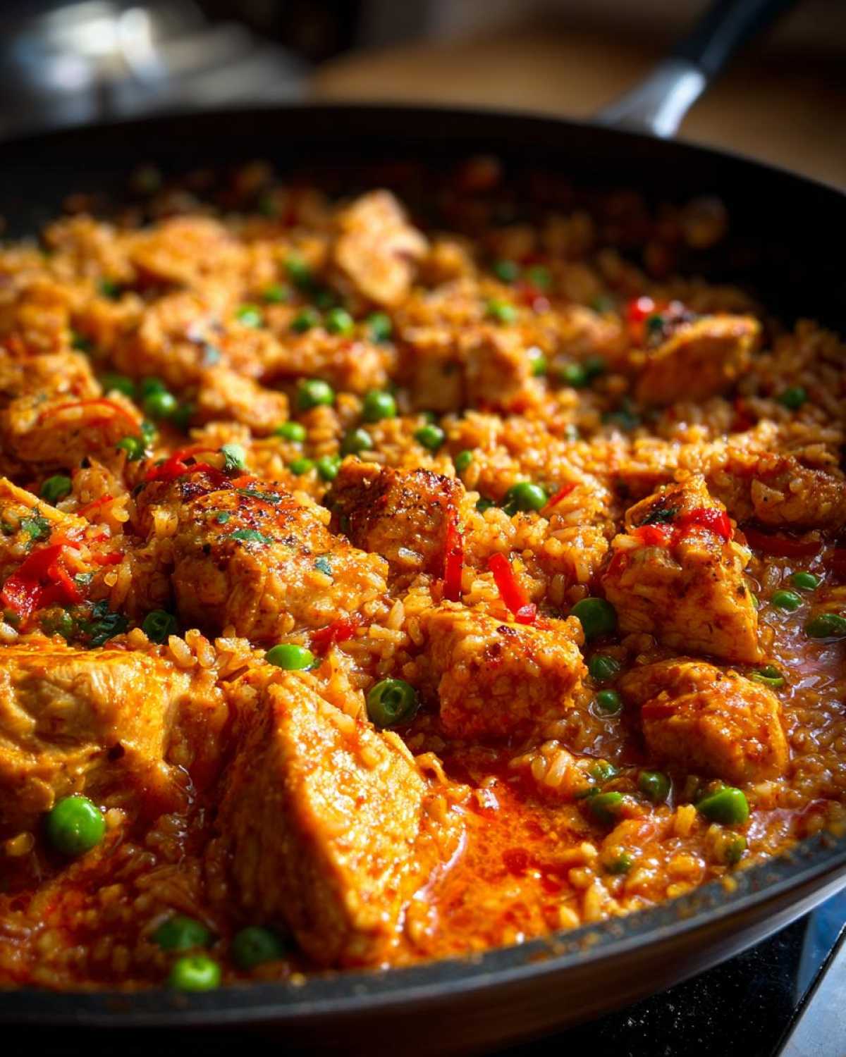 Close-up of rich, orange-red Creamy Cajun Chicken Skillet with Rice, featuring chicken chunks and green peas.