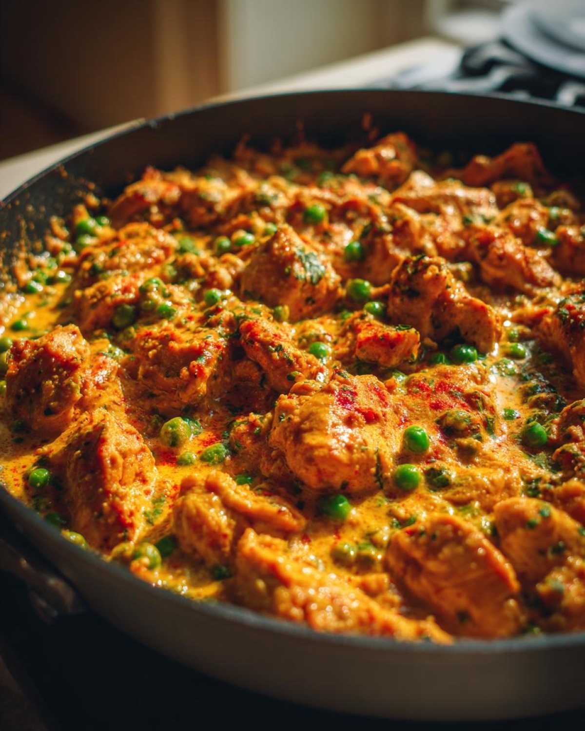 Close-up of chunks of chicken coated in a rich, creamy orange sauce with green peas in a skillet, representing Creamy Cajun Chicken Skillet with Rice.