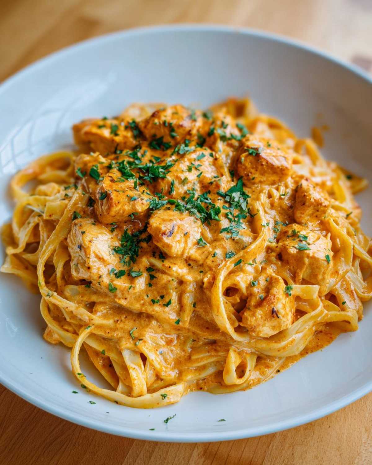 Close-up of rich Creamy Cajun Pasta with Chicken and Spice, garnished with fresh parsley, served in a white bowl.