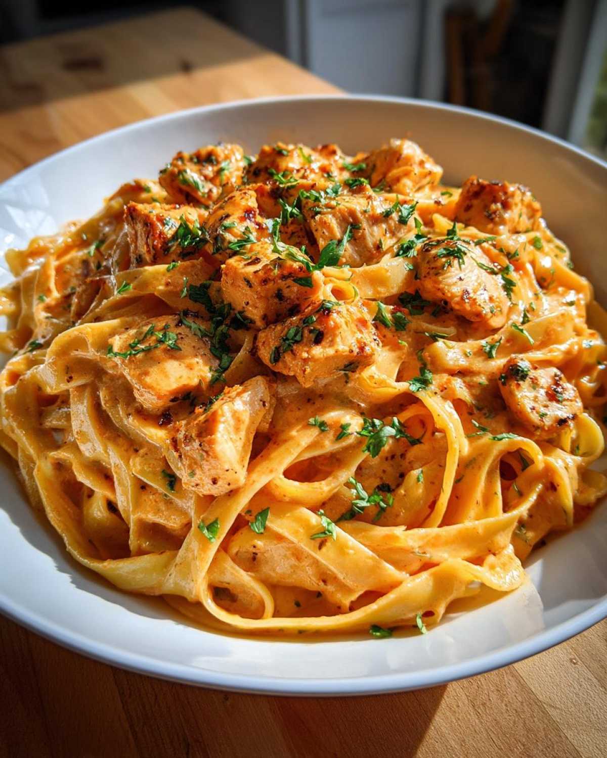Close-up of rich Creamy Cajun Pasta with Chicken and Spice, topped with fresh parsley, served in a white bowl.