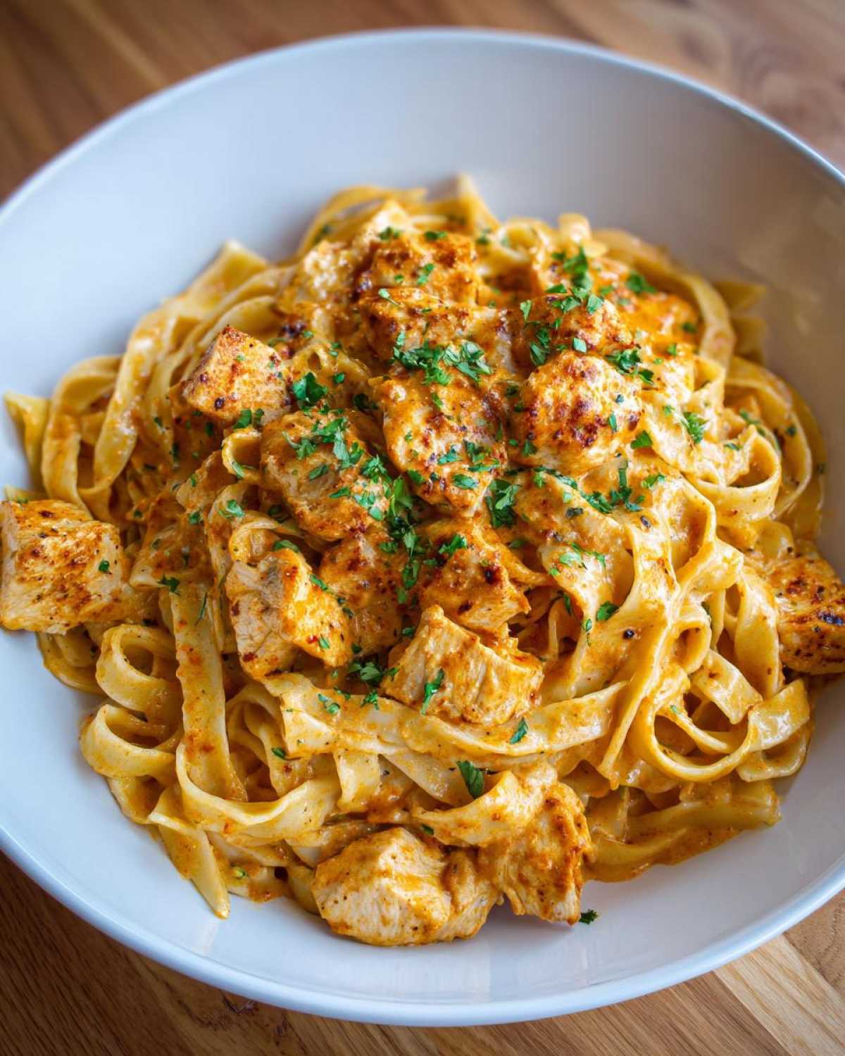 A close-up of a white bowl filled with Creamy Cajun Pasta with Chicken and Spice, garnished with fresh parsley.