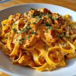 A close-up of rich, orange-hued Creamy Cajun Pasta with Chicken and Spice, garnished with parsley.