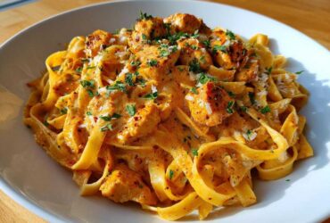 A close-up of rich, orange-hued Creamy Cajun Pasta with Chicken and Spice, garnished with parsley.