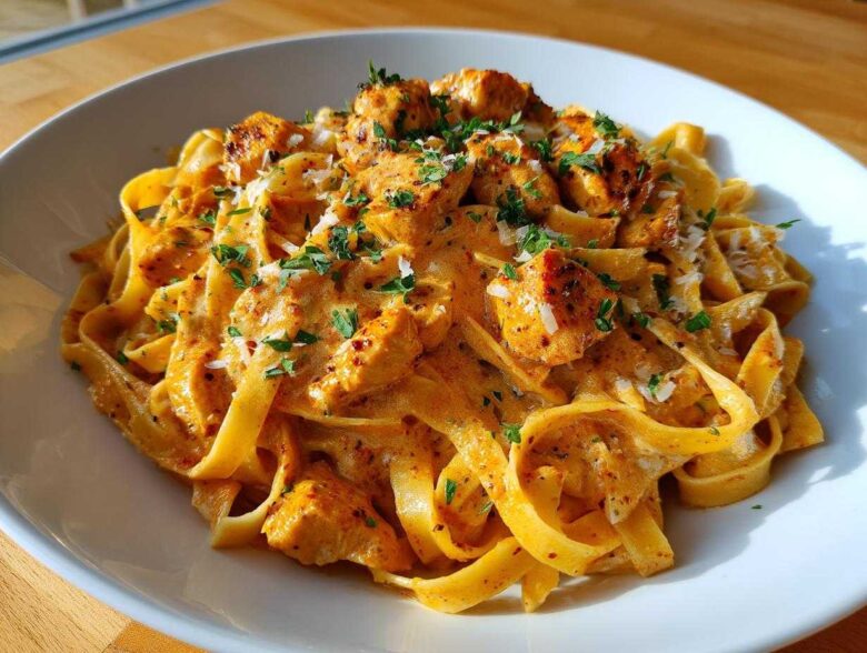 A close-up of rich, orange-hued Creamy Cajun Pasta with Chicken and Spice, garnished with parsley.