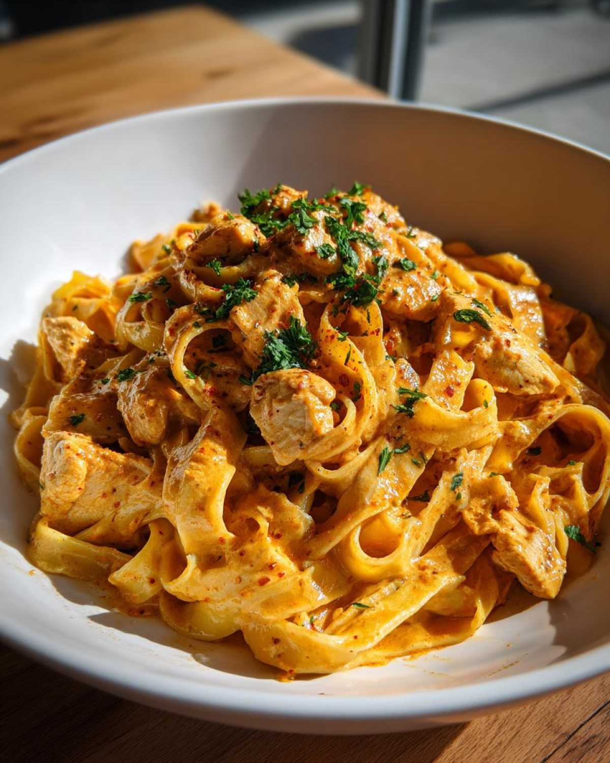 A close-up of fettuccine coated in a rich, orange-hued sauce, mixed with chunks of chicken, representing Creamy Cajun Pasta with Chicken and Spice.