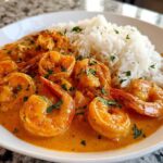 Close-up of a white plate featuring Creamy Cajun Shrimp and Rice Skillet, garnished with parsley.