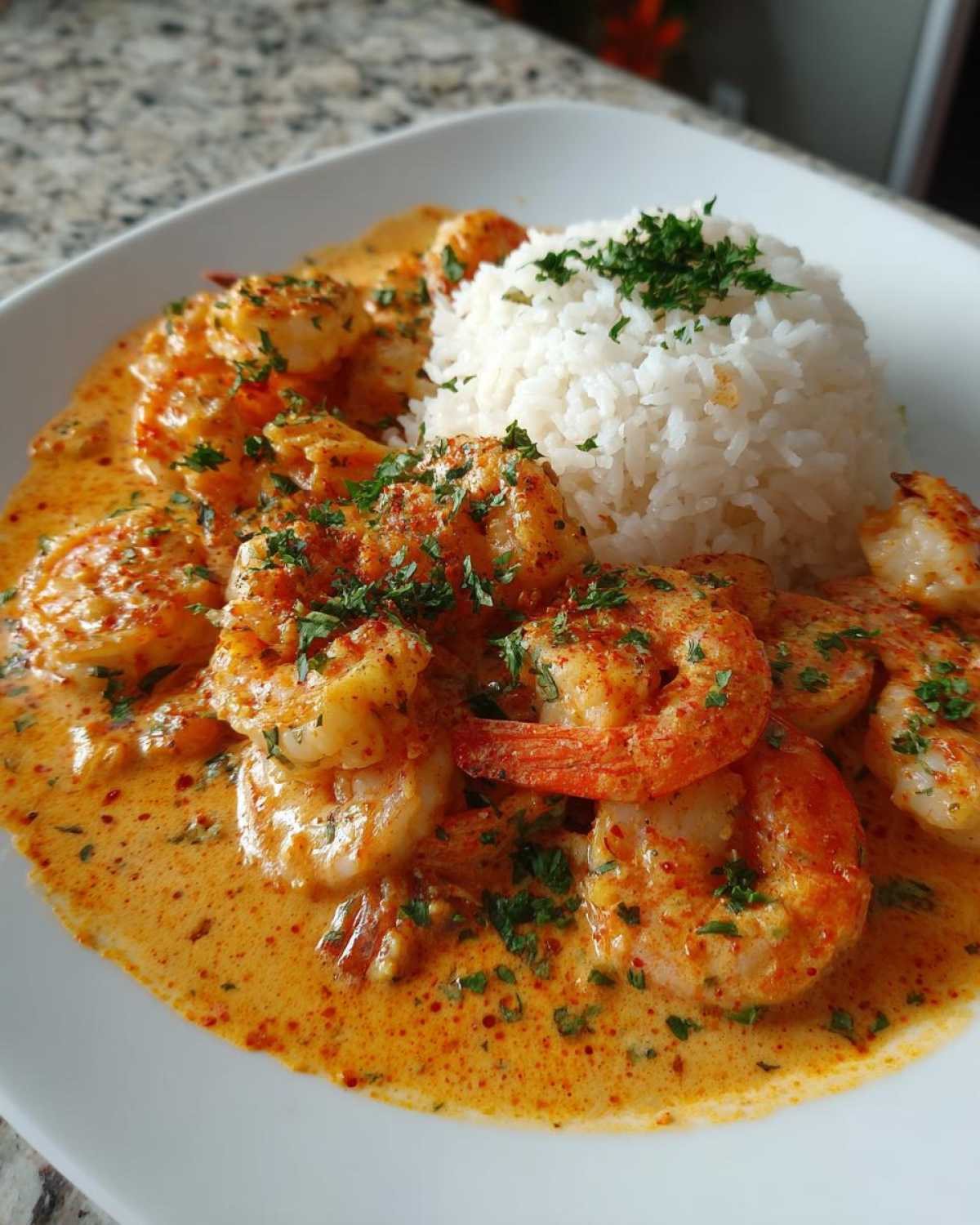 Plated serving of Creamy Cajun Shrimp and Rice Skillet with a mound of white rice.